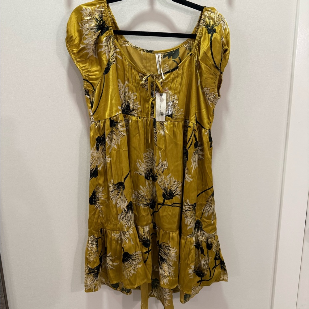 Anthropologie Floral Yellow Dress with Black Accents